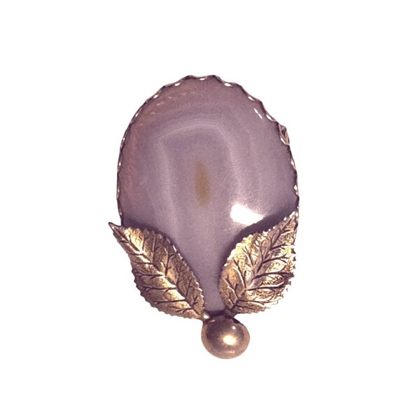 Vintage Purple Orca Agate Brooch Gold-Tone Leaf Natural Stone 2" - Picture 1 of 6